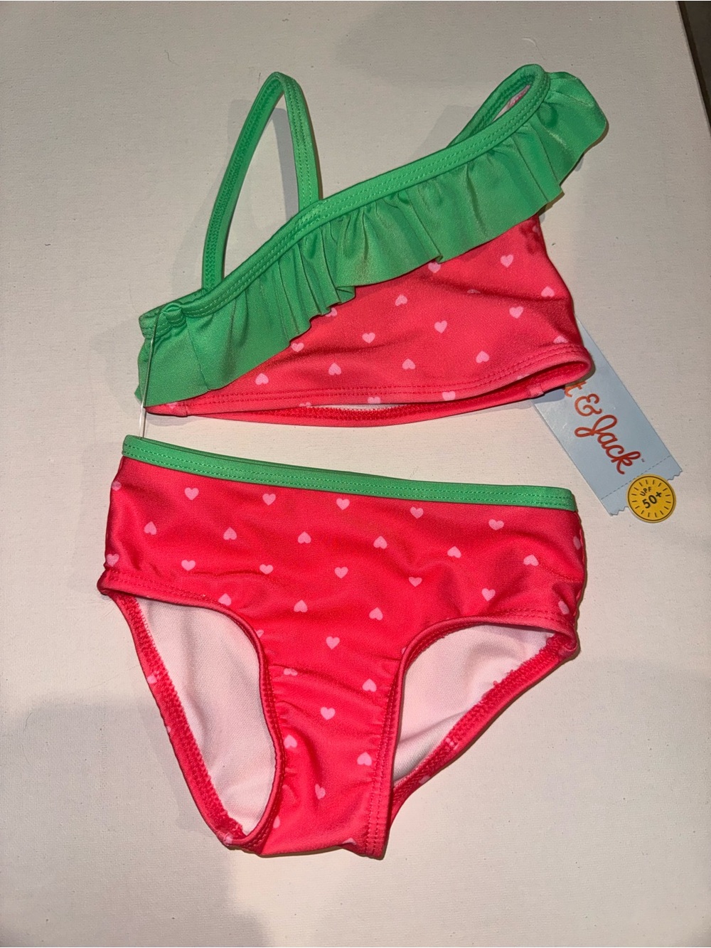 Cat & Jack Pink Heart Ruffle Two-Piece Bikini with Green Trim